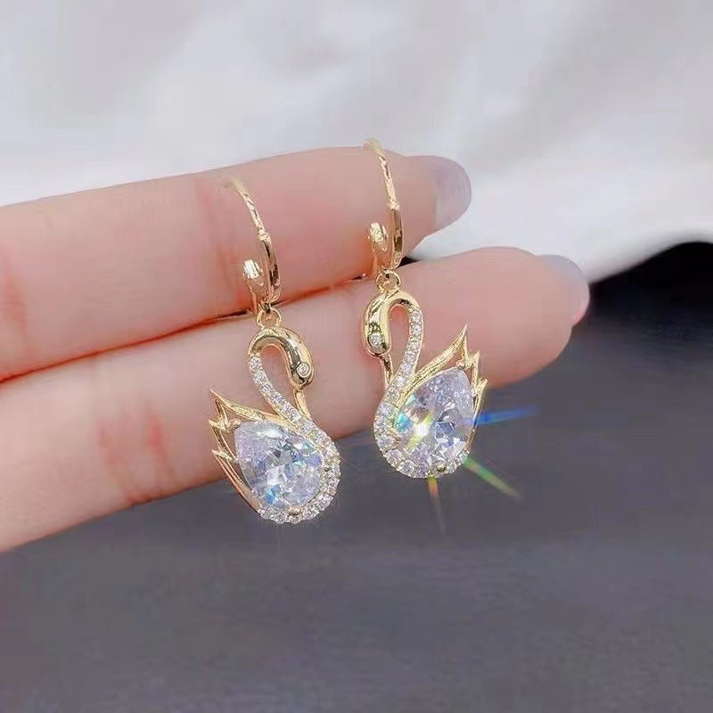 European Style Luxury Temperament Copper Zirconium Swan Pendant Earrings